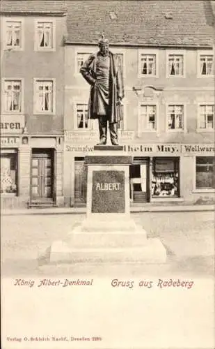 Ak Radeberg in Sachsen, König-Albert-Denkmal, Geschäft Wilhelm May Wollwaren