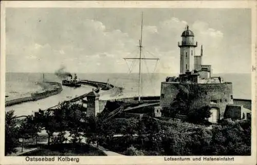 Ak Kołobrzeg Ostseebad Kolberg Pommern, Lotsenturm, Hafeneinfahrt