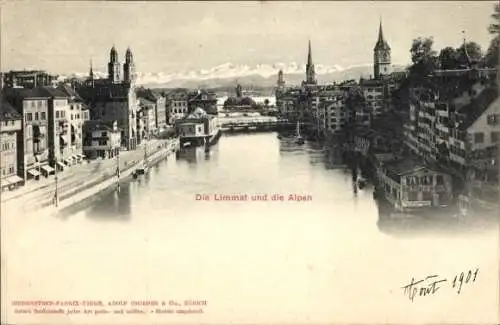 Ak Zürich Stadt Schweiz, Limmat und die Alpen