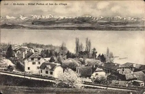 Ak Saint Aubin Sauges Kanton Neuenburg, Hotel Pattus et bas du village