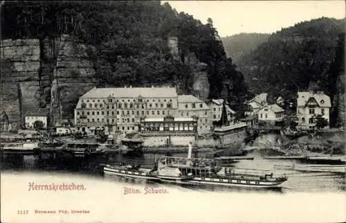 Ak Hřensko Herrnskretschen Elbe Region Aussig, Teilansicht, Schiff