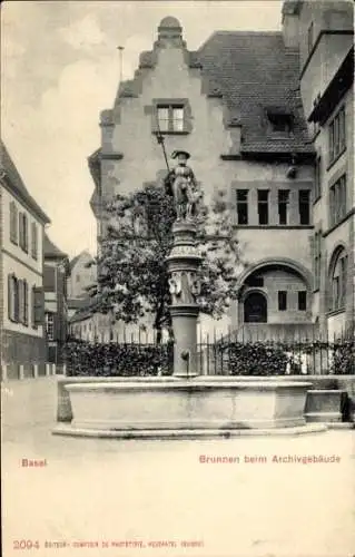 Ak Basel Stadt Schweiz, Brunnen beim Archivgebäude