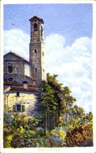 Künstler Ak Castagnola Cassarate Lugano Kt. Tessin, Kirchturm, Herbst, Weinreben