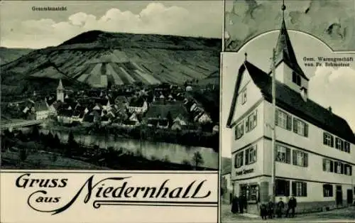 Ak Niedernhall im Hohenlohekreis, Gesamtansicht, Gemischtwaren Geschäft Fr. Schmetzer