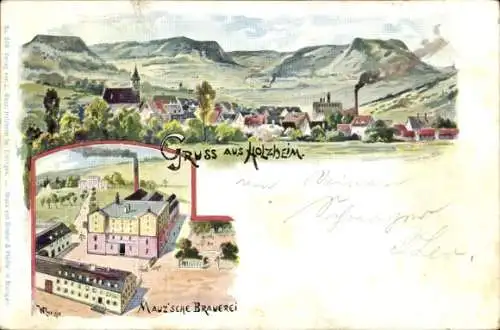 Künstler Litho Holzheim Göppingen Baden Württemberg, Mauzsche Brauerei, Blick auf den Ort