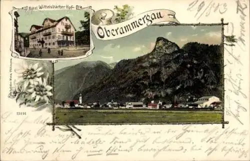 Ak Oberammergau in Oberbayern, Hotel Wittelsbacher Hof, Ortsblick, Gebirge