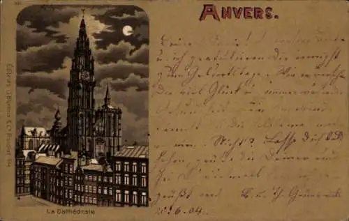 Mondschein Litho Anvers Antwerpen Flandern, Kathedrale
