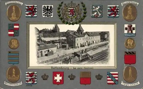 Präge Wappen Passepartout Ak Bettemburg Bettemburg Luxemburg, Bahnhof
