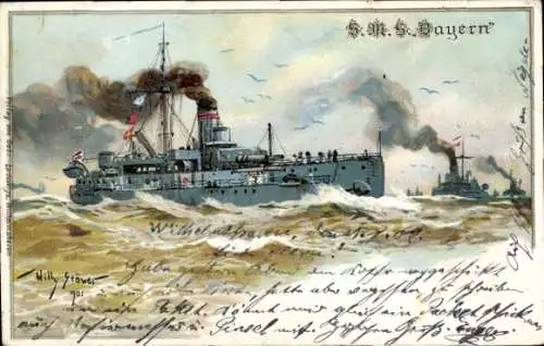 Präge Künstler Litho Stöwer, W., Deutsches Kriegsschiff S.M.S. Bayern, Kaiserliche Marine