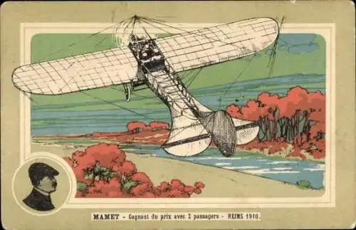 Ak Aviation, Flieger Mamet, Preisträger mit 2 Passagieren, Reims 1910