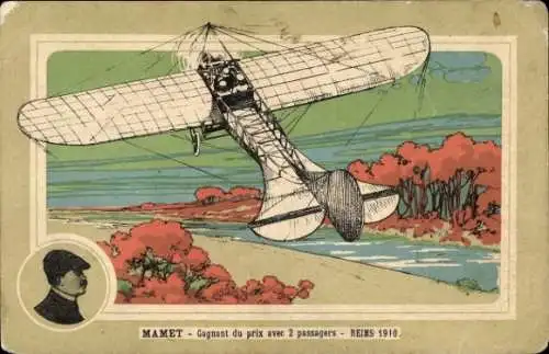 Ak Aviation, Flieger Mamet, Preisträger mit 2 Passagieren, Reims 1910