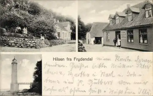 Ak Frydendal Dänemark, Lichtturm, Geschäft, Straßenpartie