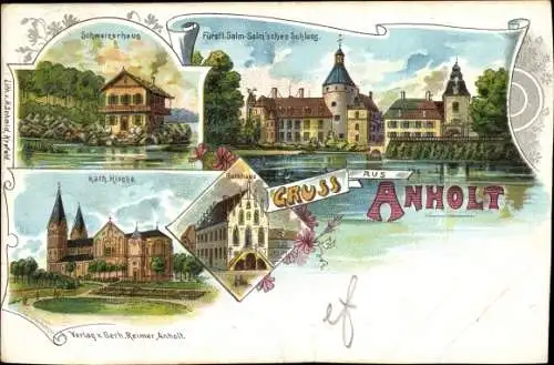 Litho Anholt Isselburg in Westfalen, Schweizerhaus, Fürstl. Salm Salm'sches Schloss, Kath. Kirche