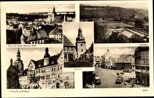 Ak Hettstedt im Südharz, Blick vom Hohen Berg zur Stadt, Stadtbad, Marktplatz mit Rathaus, Markt