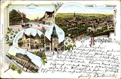 Litho Hettstedt im Südharz, Marktplatz, Bahnhof, Panorama