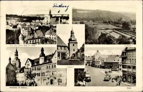 Ak Hettstedt im Harzvorland Sachsen Anhalt, Stadt, Saigertor, Rathaus, Stadtbad, Marktplatz