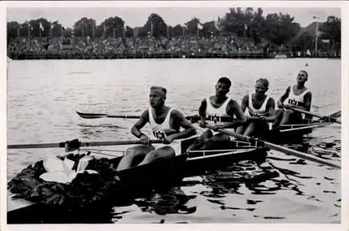 Sammelbild Olympia 1936, Ruderer im Vierer ohne Steuermann, Eckstein, Rom, Karl, Menne