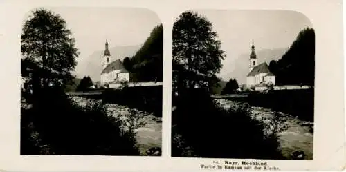 Stereo Foto Ramsau im Berchtesgadener Land Oberbayern, Teilansicht mit Kirche