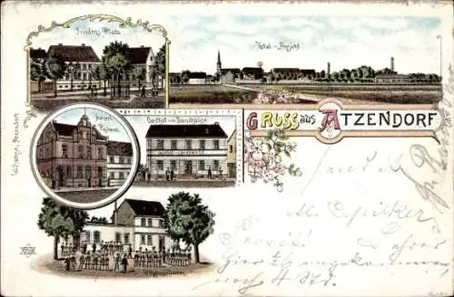 Litho Atzendorf Staßfurt Anhalt, Gasthof, Friedensplatz, Kaiserliches Postamt, Wilhelms-Garten