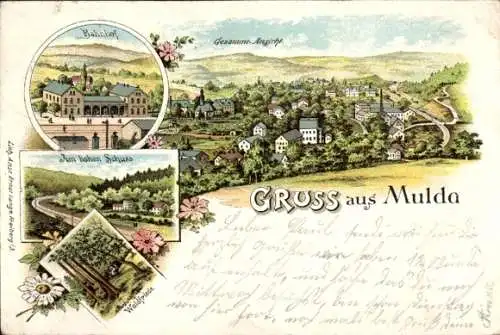 Litho Mulda im Erzgebirge, Bahnhof, Am hohen Schuss, Waldfriede, Panorama