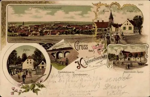 Litho Klein Schierstedt Aschersleben im Salzlandkreis, Mühle, Kirche, Schule, Gasthof