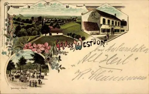 Litho Westdorf Aschersleben im Salzlandkreis, Panorama, Restaurant u. Gesellschaftsgarten