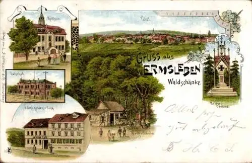 Litho Ermsleben Falkenstein Harz, Bahnhof, Rathaus, Kriegerdenkmal, Hotel Goldener Ring
