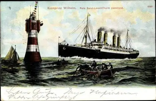 Ak Dampfschiff Kronprinz Wilhelm, Roter Sand Leuchtturm, Norddeutscher Lloyd, Fischerboot