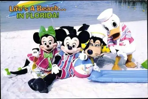 Ak Florida USA, Disney-Figuren am Strand, Mickey Maus, Donald Duck, Goofy