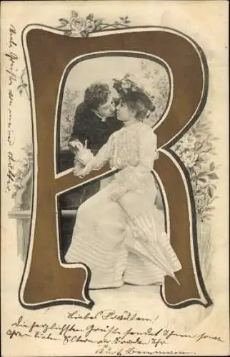 Buchstaben Ak R, Liebespaar, Kuss