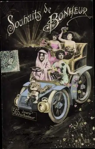 Ak Glückwunsch Neujahr, Frauen in einem Automobil, Fotomontage