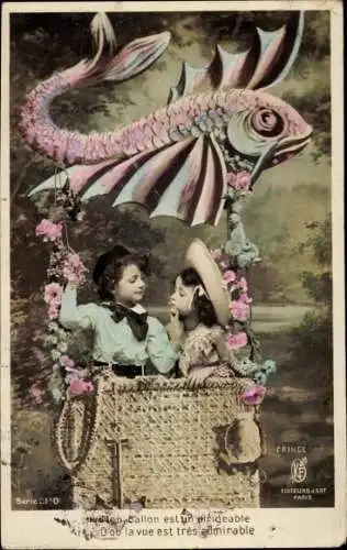 Ak 1. April, Kinder in einem Ballon, Fisch