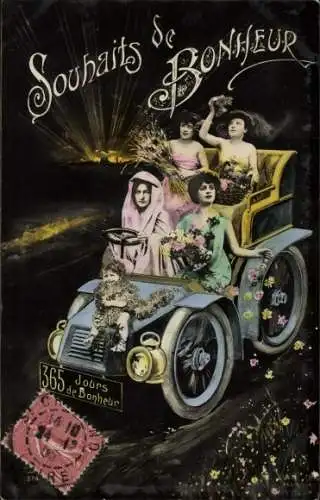 Ak Glückwunsch Neujahr, Frauen in einem Automobil, Fotomontage