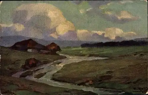 Künstler Ak Reiss, Fritz, Landschaft mit Flusslauf und Bauernhof, Wolken, Schwarzwald