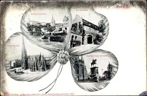 Kleeblatt Ak Gera in Thüringen, Schloss Osterstein, Schlosswache, Johanniskirche, Kaiserdenkmal