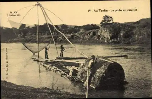 Ak Tonkin Vietnam, La pêche au carrelet, Fischerboot
