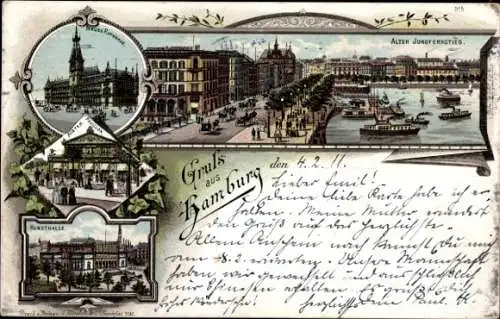 Litho Hamburg, Rathaus, Alsterpavillon, Kunsthalle, Alter Jungfernstieg