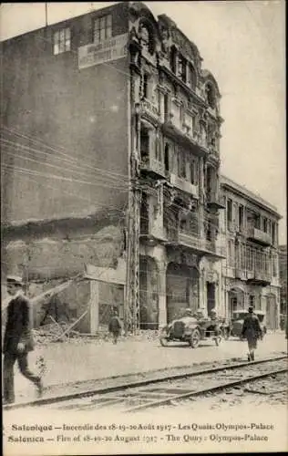 Ak Thessaloniki Griechenland, Olympos Palace, zerstört durch Brand 1917