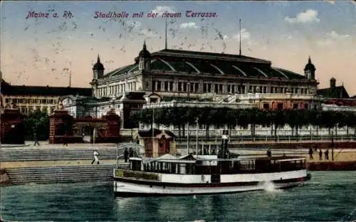 Ak Mainz am Rhein, Stadthalle, neue Terrasse, Schiff