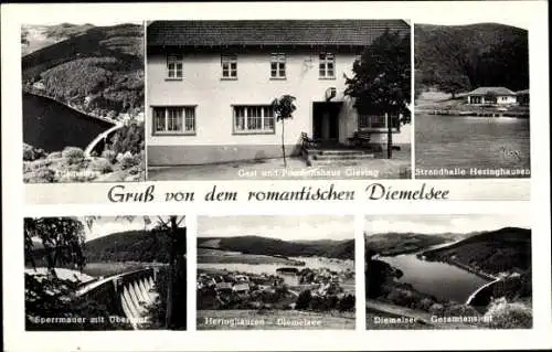 Ak Heringhausen Diemelsee im Sauerland, Diemelsee, Gasthaus Giessing, Sperrmauer mit Überlauf