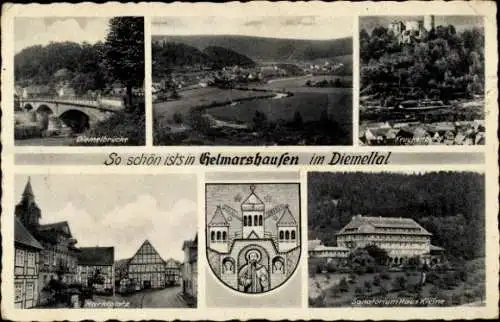 Ak Helmarshausen Bad Karlshafen in Hessen, Wappen, Diemelbrücke, Sanatorium, Marktplatz