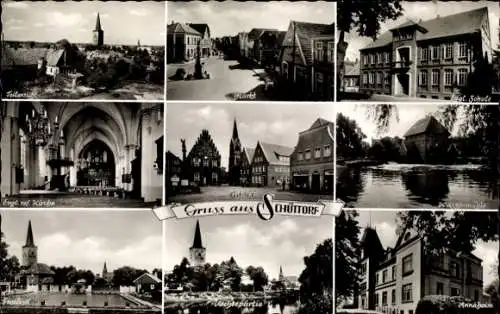 Ak Schüttorf in der Grafschaft Bentheim, Markt, Freibad, Kirche, Wassermühle, Schule