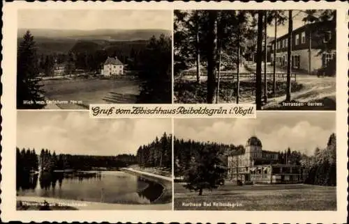 Ak Bad Reiboldsgrün Auerbach im Vogtland, Blick vom Carlsturm, Terrassen Garten, Kurhaus