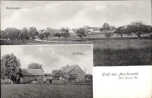 Ak Auschkowitz Burkau Sachsen, Dorfansicht, Blick auf ein Gasthaus, Felder