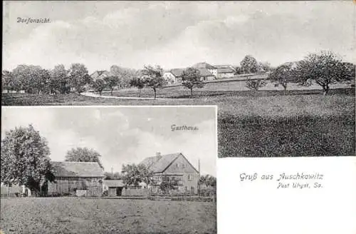 Ak Auschkowitz Burkau Sachsen, Dorfansicht, Blick auf ein Gasthaus, Felder