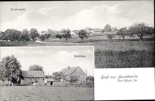 Ak Auschkowitz Burkau in Sachsen, Dorfansicht, Gasthaus