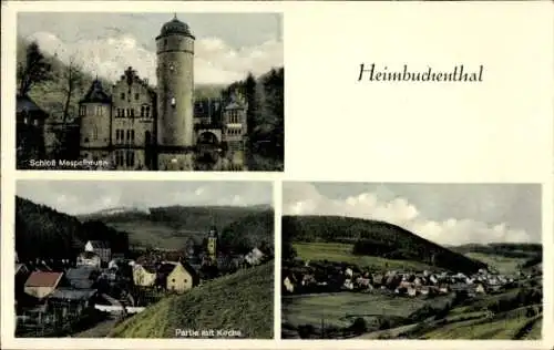 Ak Heimbuchenthal im Spessart, Schloss Mespelbrunn, Ort, Kirche