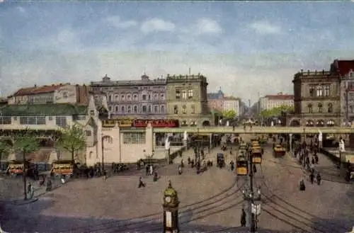 Ak Berlin Kreuzberg, Hallesches Tor, Hochbahn-Bahnhof, Straßenbahn
