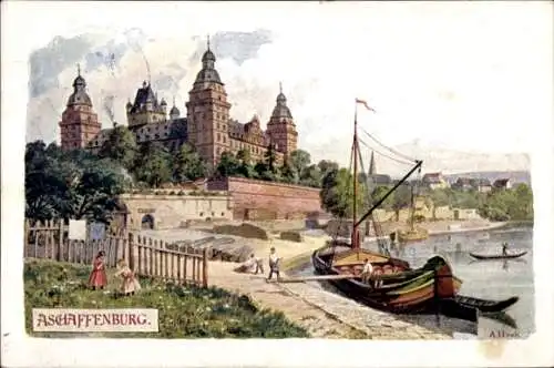 Künstler Ak Hock, A., Aschaffenburg in Unterfranken Bayern, Blick zum Schloss