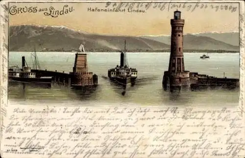 Litho Lindau am Bodensee Schwaben, Hafeneinfahrt